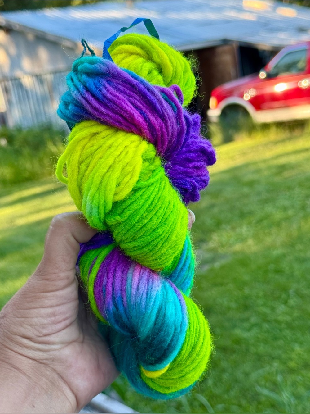 Hand-Dyed Fiber Arts Wool Skein in Neon Green, Teal & Purple